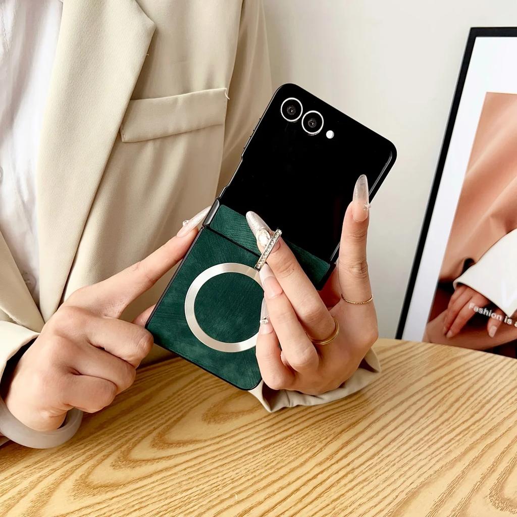 Luxury Business Sle Leather Metal Finger Ring Holder for Magsafe Magnetic Phone Case for Samsung Z Flip 7 6 5 4 3 Protect Cover