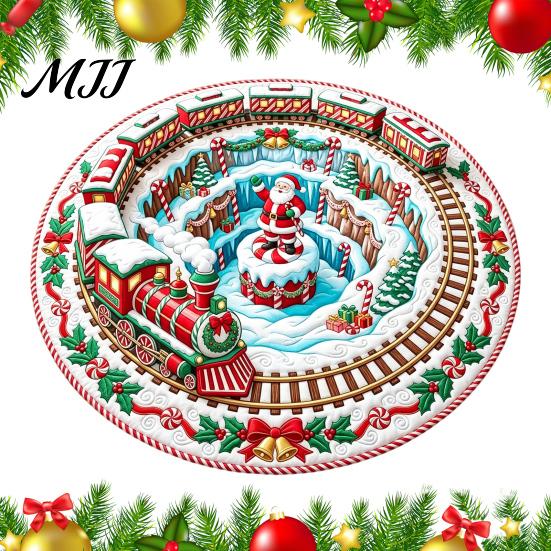 Festive Round Rug for Christmas 3D Rug, Vortex Optical Illusion Area Santa Snowman Staircase Durable Entrance Winter Depth Pattern, Non-slip Floor Mat