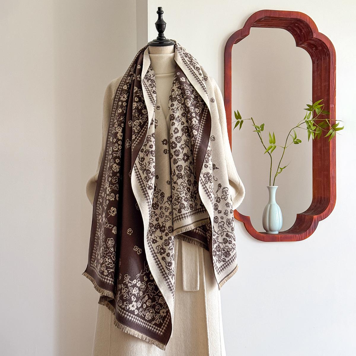 

Winter Luxury Women S Two-Sided Pashmina Wrap Flower Jacquard Imitation Cashmere Scarf Thick Warm Design For Casual Wear