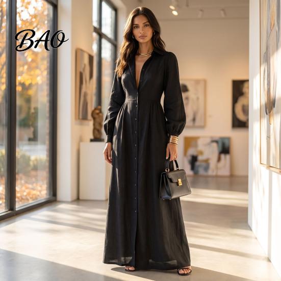 Women Casual Dress Button Front Shirt Dress, Long Sleeve Turn-down Collar Dresses Solid Color Cinched Waist for Daily Office Collared Style