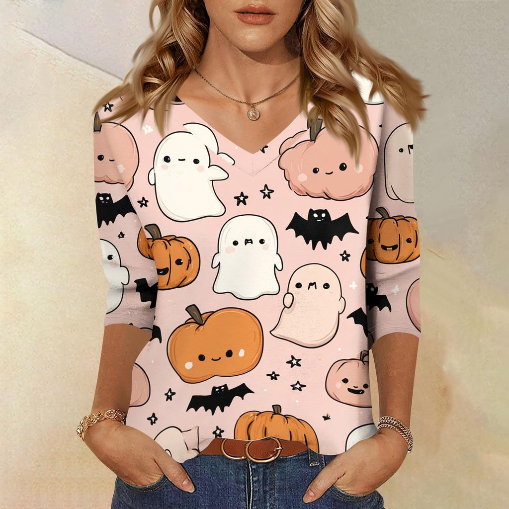 Women’s Casual V Neck Top with Three Quarter Sleeves and Halloween Themed Cat and Skull Floral Print for Everyday Wear