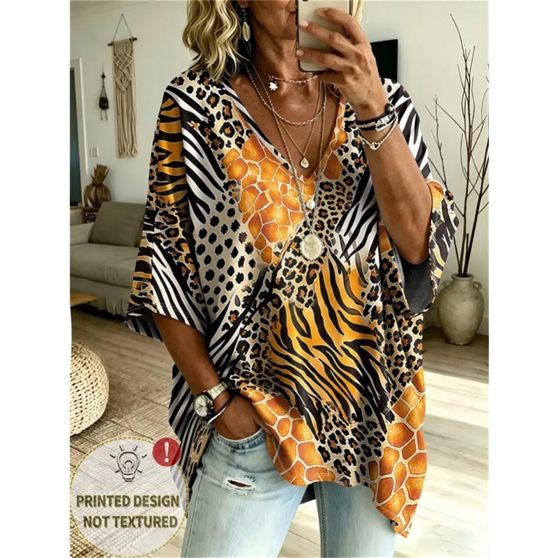 Übergrößen Damen V-Ausschnitt Fledermausärmel T-Shirt Bohemian Ethnischer Druck Lockerer Oberteil Sommer Bequem Atmungsaktiv Tägliches Pendeln Lässig Schlankmachender Stil