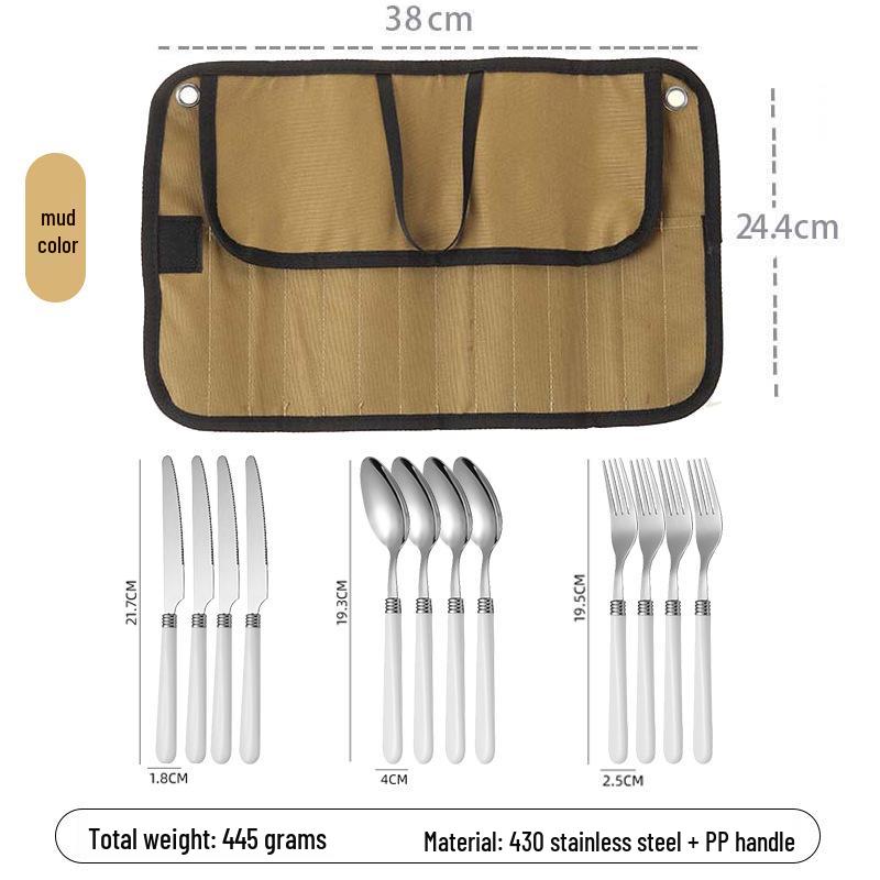 304 Edelstahl Camping Kochgeschirr Set mit Aufbewahrungstasche, Essstäbchen, Löffel, Gabel und Tafelmesser