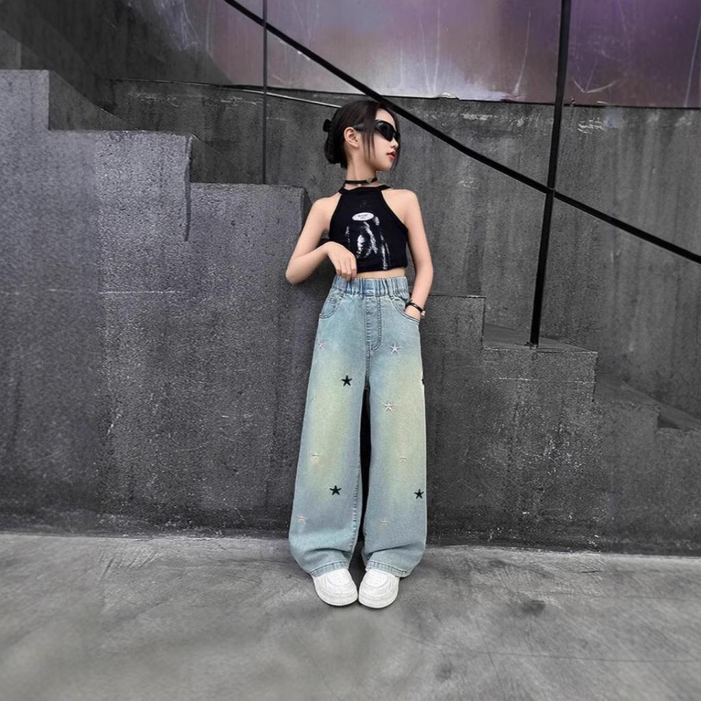 Spring Autumn Girls Jeans Embroidery Five-pointed Star Loose Pants for 3-12 Years Teen Girls Stylish Denim Wide Leg Pants
