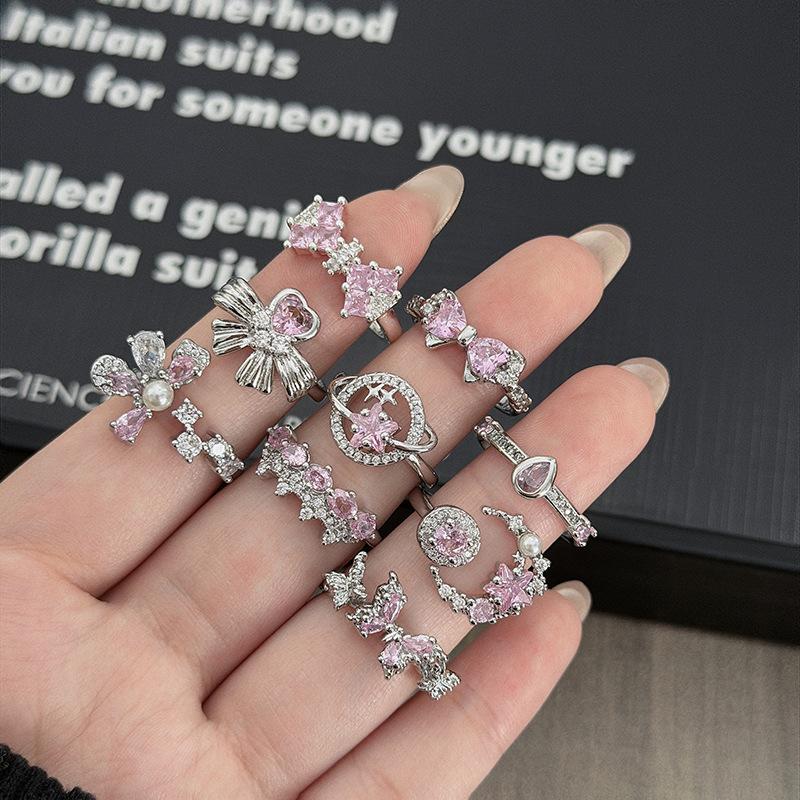 Süßer Mädchenstil Silber-Rosa Diamantenbesetzter Schatz Schleife Stern Krone Offener Ring Nische Stapelring Frau