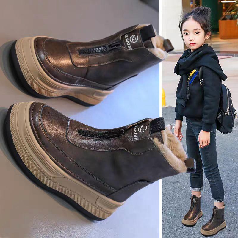 Girls' snow boots winter new medium and older children's large cotton shoes children's velvet short boots non-slip little girl