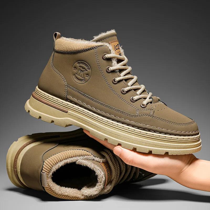 Winter Casual Men's Shoes Plush Mid Top Snow Boots Leather Breathable Comfort Warm Hiking Shoes Outdoor Wear-resistant Work Boot