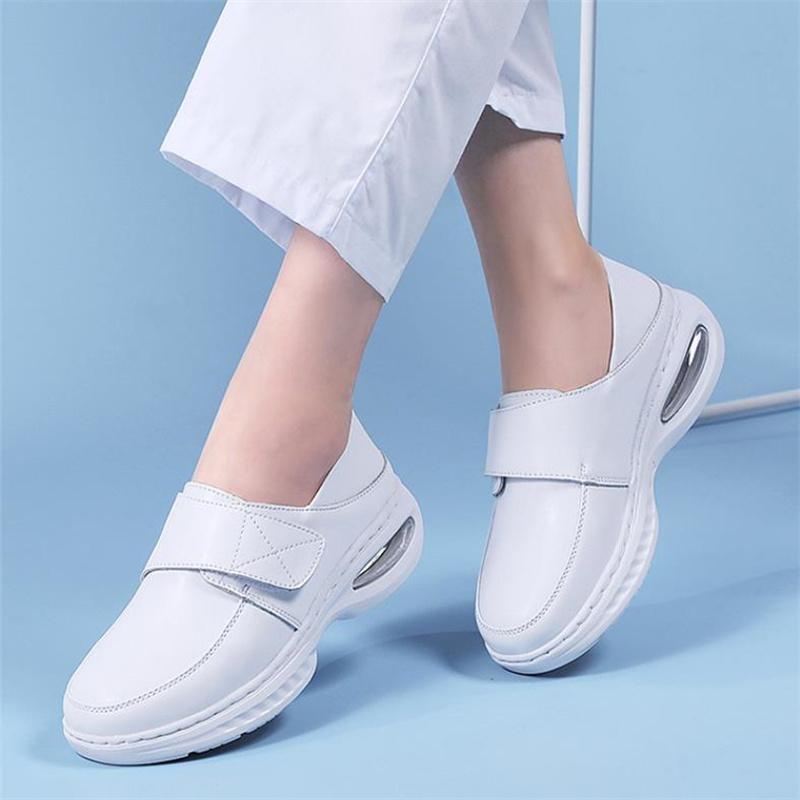 Platform White Shoes Women Casual Comfortable Light Nurse Work Shoes Fashion Slip On Non-slip Loafers Women Genuine Leather Shoe