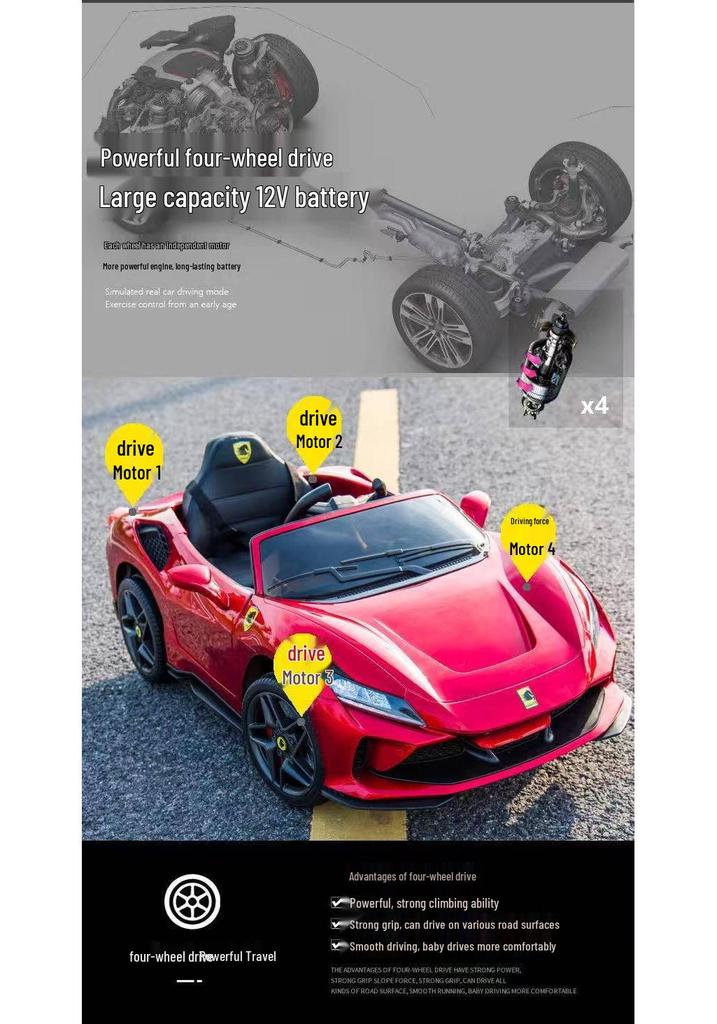 Kids' Four-Wheel Electric Ride-On Car with Remote Control, Rechargeable, Double Seater Stroller