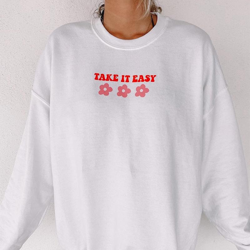 Take It Easy Květinový potisk Dámské Mikiny Street All-Math Neformální Oblečení Kreativita Funny Fleece Pulovr Žena Dlouhé rukávy
