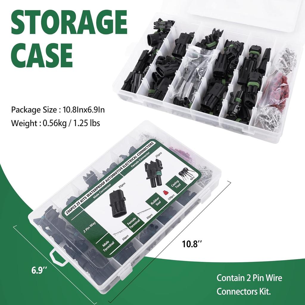 Kikerike 286Pcs 25 Kits Waterproof Automotive Electrical Connectors 2 Male&Female Pin 22-14AWG Wire Harness Spark Plug Connector Terminals Plug Kit