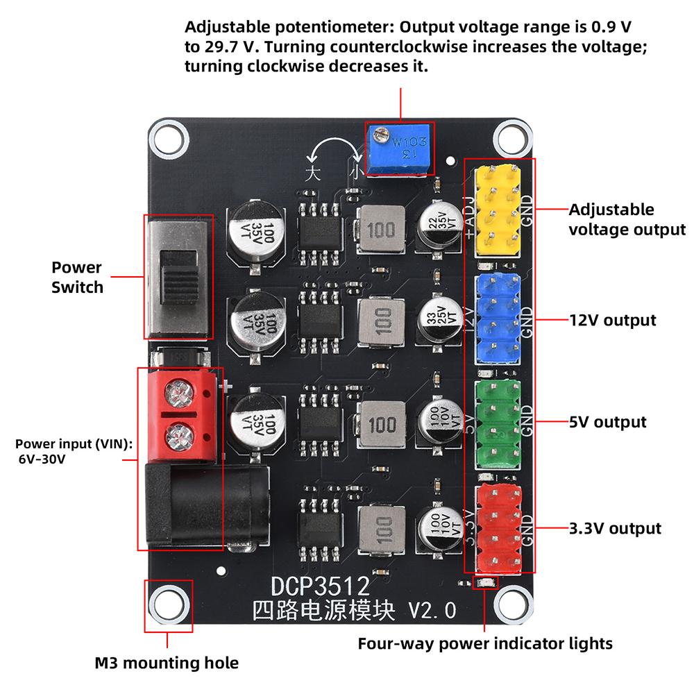 DCP3512 Adjustable Buck Power Module DC 6V-30V Input 0.9V-29.6V Output 4-Channel 3.5A for Embedded Development Device Supply
