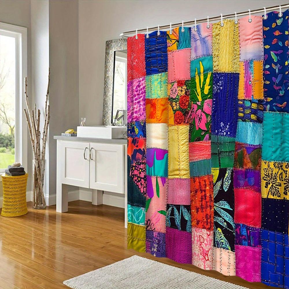 Vibrant Patchwork Print Waterproof Shower Curtain For Bathroom, Colorful Quilt Design High-End Toilet Partition Curtain