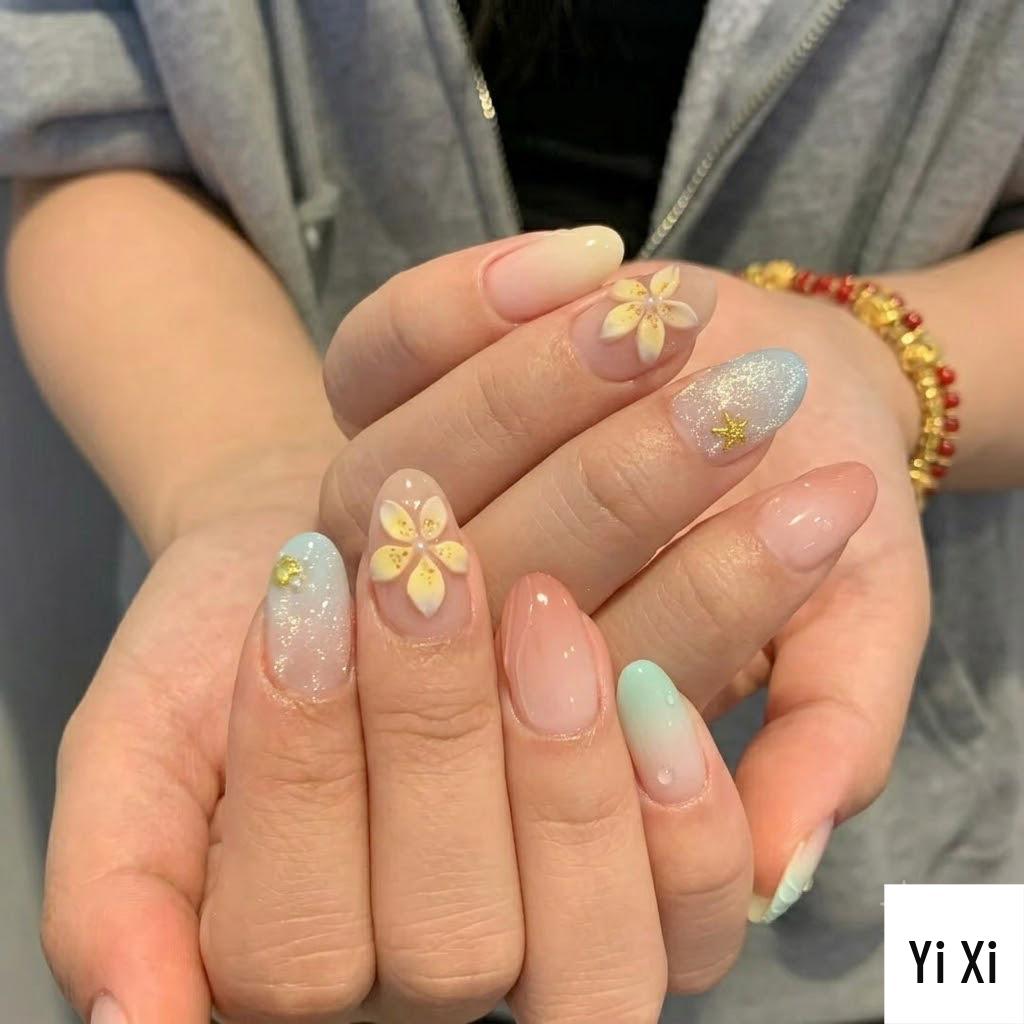 Gradient Blue 3D Floral Wearable Nails: Spring/Summer Cat Eye Whitening Manicure