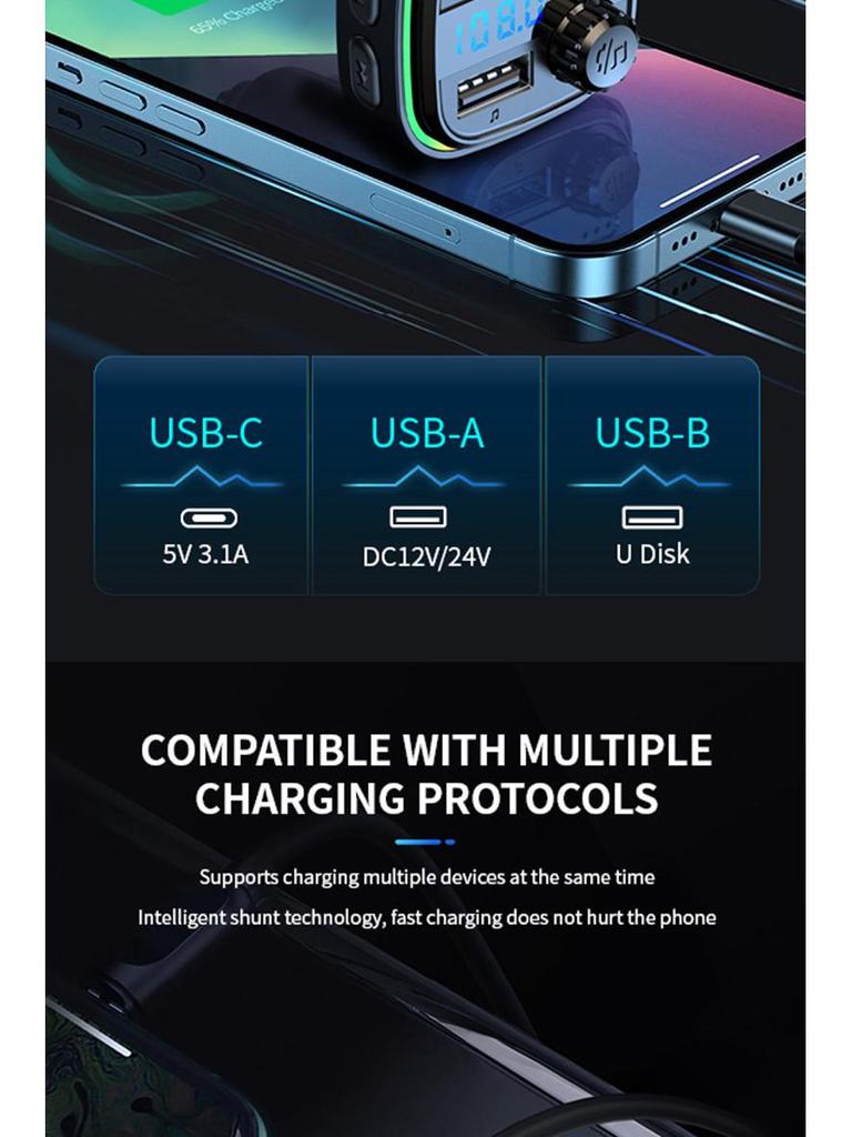 Bluetooth MP3 Car FM Charger with Digital Display & Fast Charging