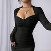 Black Long-sleeved Slim-fit Elastic Pleated Dress Women's Spring and Summer Inner and Outer Bottoming Skirt 2026 Winter