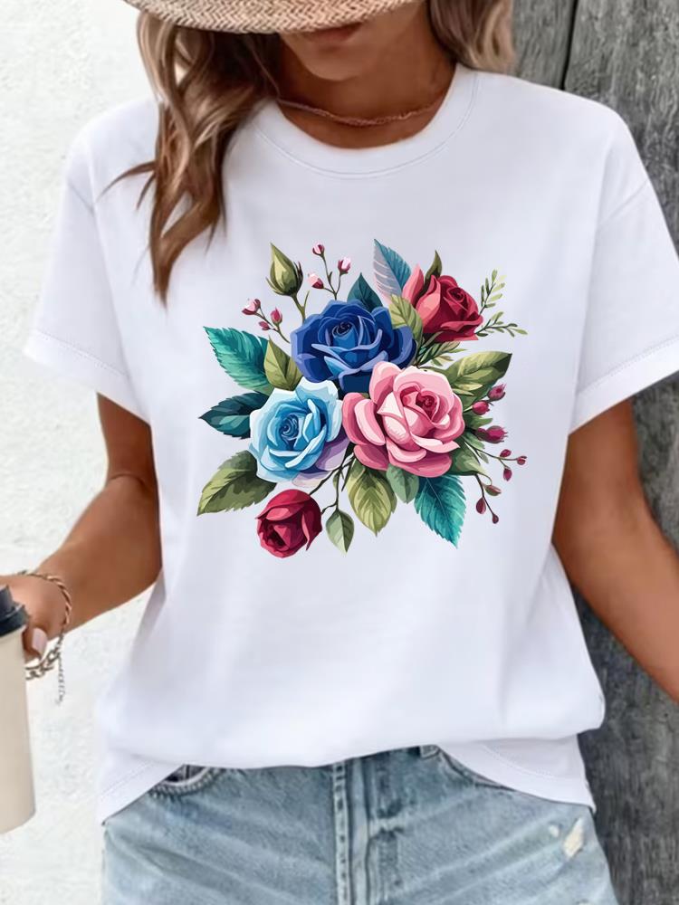 (Asian Size) Clothing T Shirt Print flower sweet Female Woman Women Fashion Tee Top Short Sleeve Graphic T-shirts