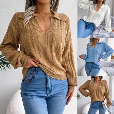 Women’s Knitted Jumper Casual Lapel Twist Lantern Long Sleeve Knitted Pullover Sweater Knit Pullover Tops Knitwear
