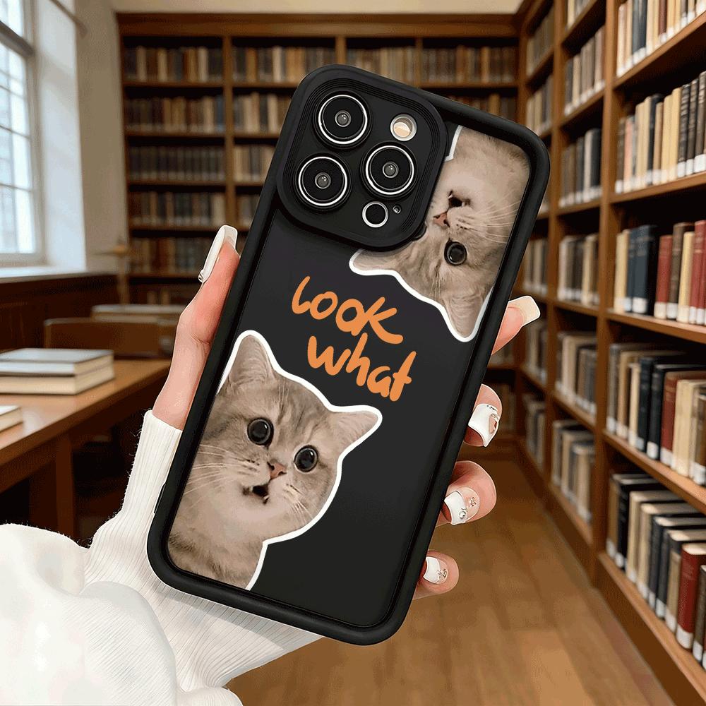 Cute Cat Faces with 'look What' Text Soft TPU Phone Case for iPhone 17 16 15 14 13 12 11 Pro Max Plus Shockproof Anti-Slip Cover