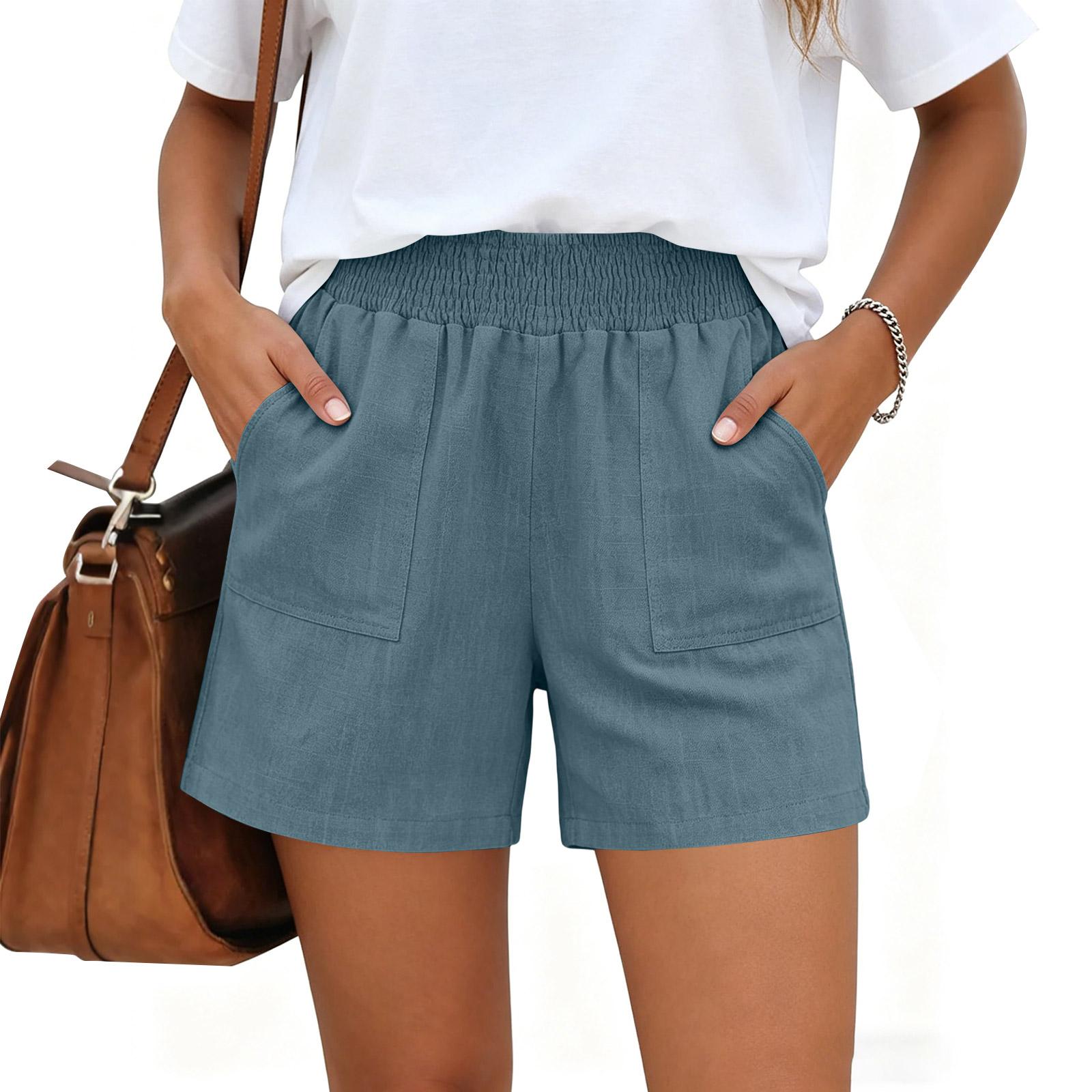 

Women Casual High Waisted Wide Leg Linen Shorts With Pockets L синий
