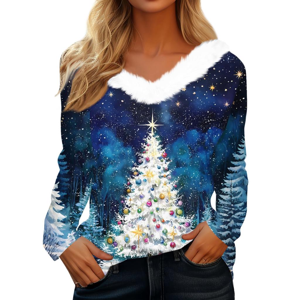 Women's T Shirt Tee Christmas Print Shirt Long Sleeve Party Christmas Fleece Collar V Neck Top