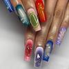 24Pcs White French Wave 3D Long Coffin False Nails With Gold Line Full Cover Press On Nails