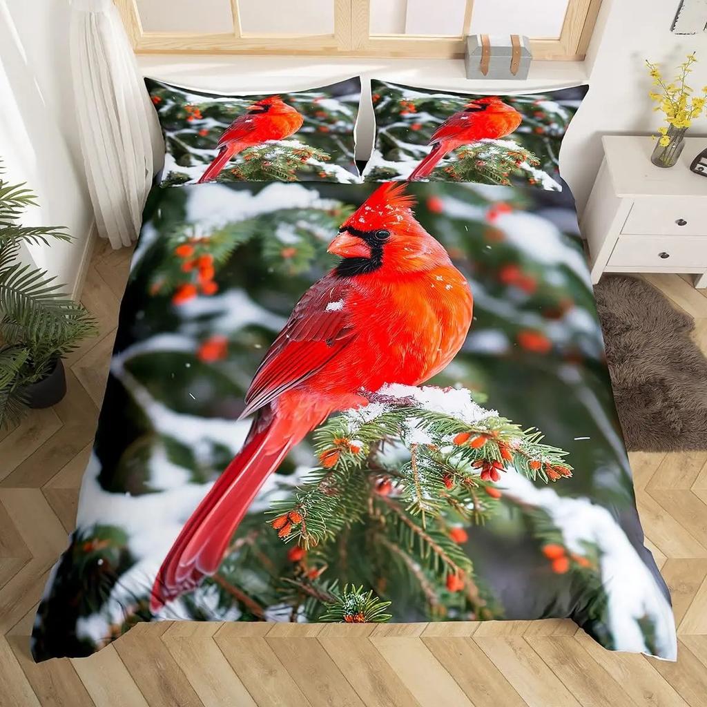 Ložní souprava Red Cardinals King Queen Size Akvarelové šišky Přikrývka Roztomilí ptáčci Povlak na přikrývku Romantická láska Povlak na prošívanou deku