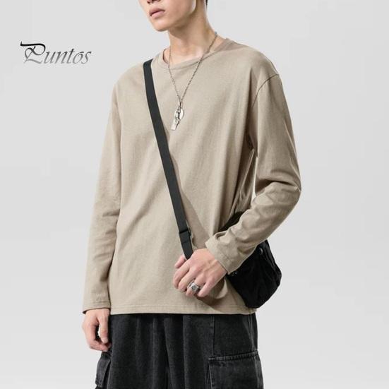 Herrenhemd Rundhals Langarm Weiches Atmungsaktives T-Shirt Einfarbig Lockere Passform Frühling Sommer Casual Tops