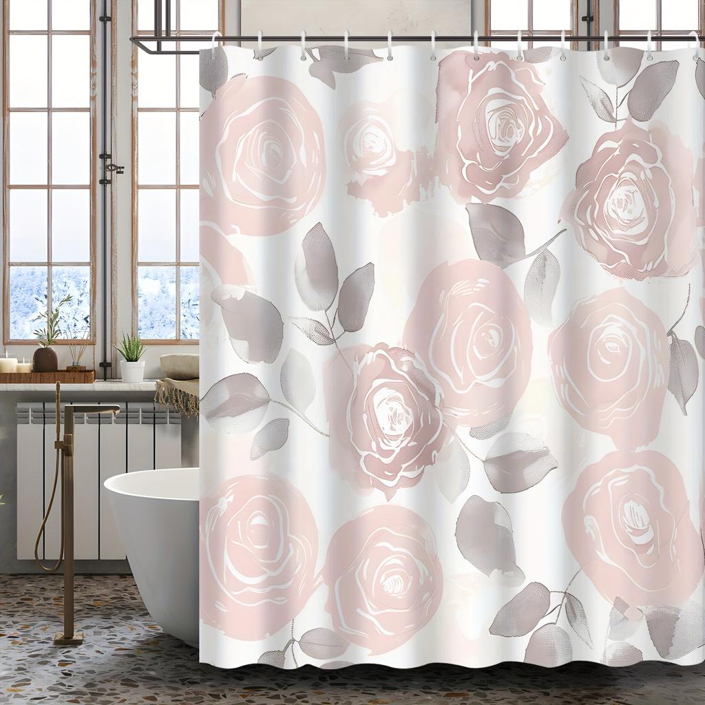 1pc Rose vintage beautiful floral pattern shower curtain, polyester fabric, machine washable, suitable for bathroom decoration