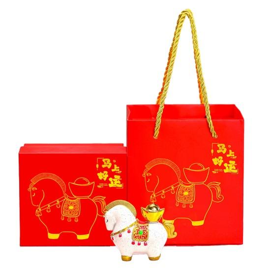 1/4Pcs Cartoon Horse Figurine with Gift Bag Box Bring Good Luck Fortune Chinese Style Pony Statue Home Office Desktop Feng Shui Decoration Ornament