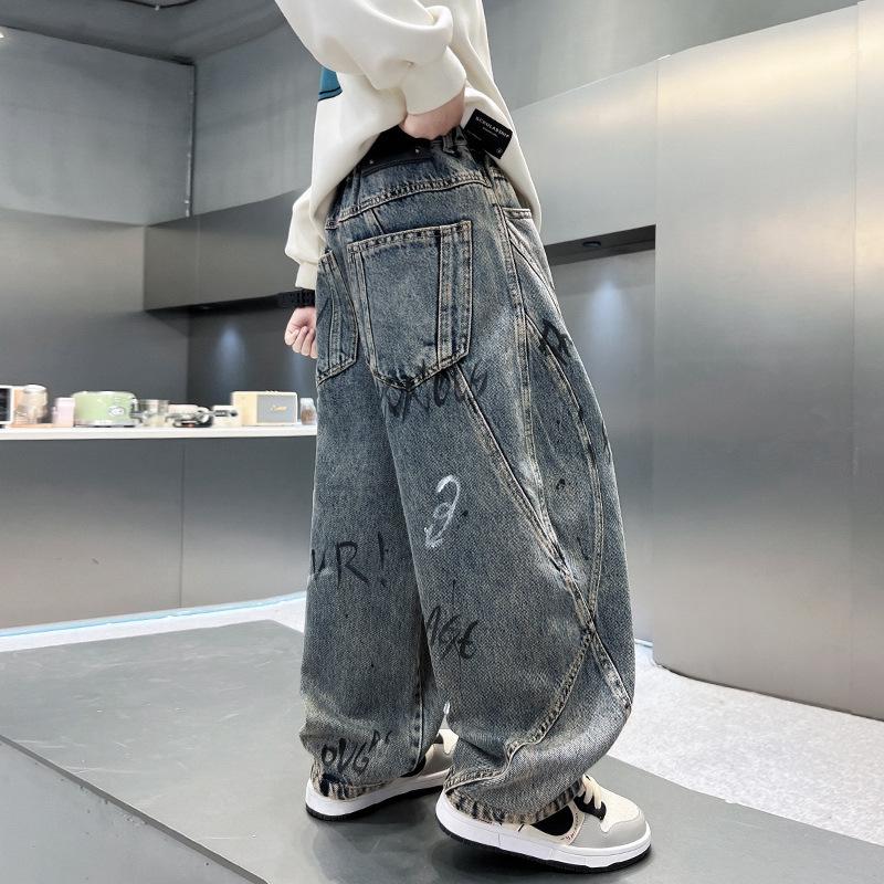 Négy Évszak Gyerek Szigetelt Kopott Farmer Nadrág Betűvel Fiúknak Vastag Hő-Denim Nadrág Gyerek Nadrág