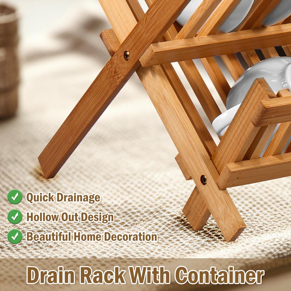 Bamboo Dish Drainer Drying Rack with Utensil Box 20 Slots Double Layer Bowl and Dish Holder Collapsible Dish Plate Storage Rack