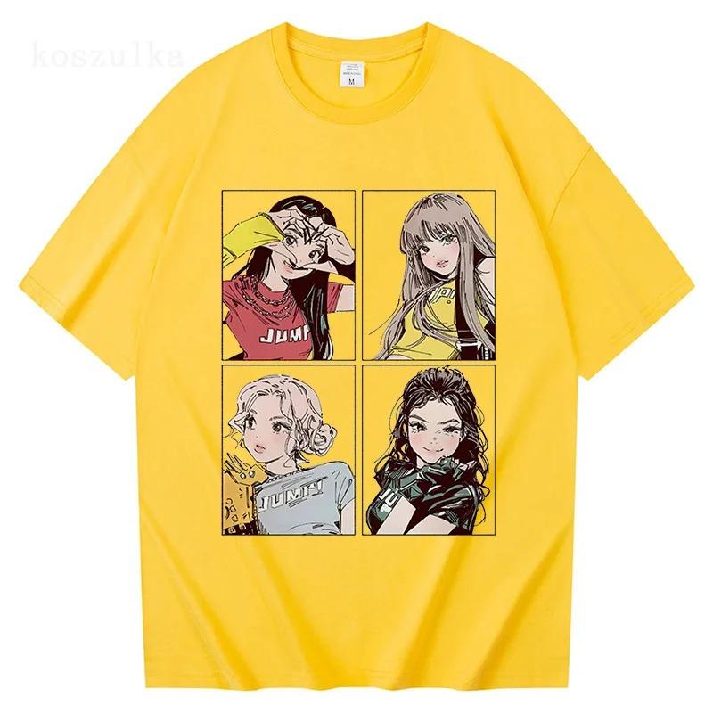 K-pop Style Anime Girl Quartet Panel T-Shirt, Unisex JUMI Graphic Streetwear Tee, 100% Cotton Casual Short Sleeve Top