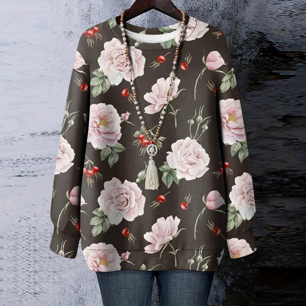 Women's Floral Print Round Neck Long Sleeved T-shirt Sweatshirt Top
