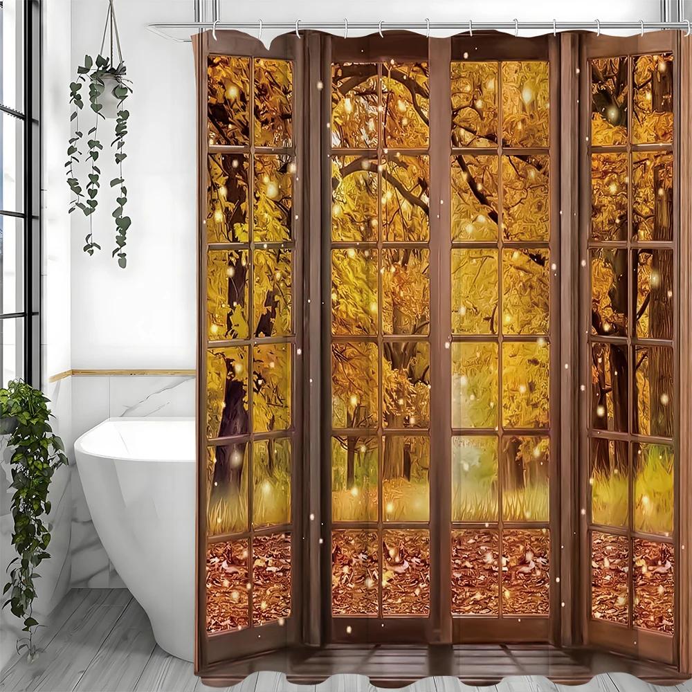 Fall Yellow Window Shower Curtain, Bathroom Decorative Shower Curtain, Waterproof Shower Curtain with Hooks W90XH180cm