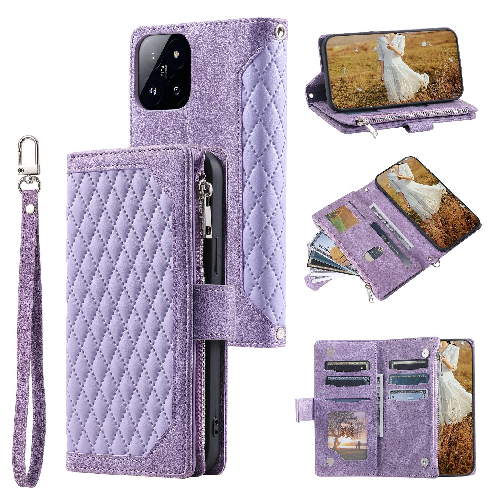 

005 Style For Xiaomi 14 Case PU Leather Zipper Pocket Rhombus Phone Cover with Strap Purple
