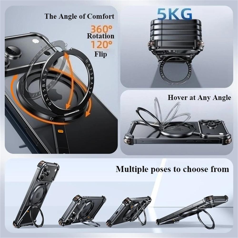 Luxury Frameless Metal Phone Case for iPhone 17 Air 16 15 Pro Max 360° Rotatable Stand Magsafe Magnetic Protective Shockproof Cover