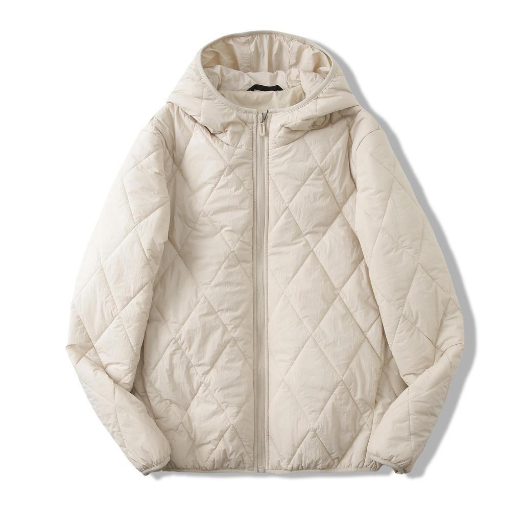 Men's Hooded Cotton Jacket with Mulberry Silk, Diamond Pattern, Winter Casual Outerwear.