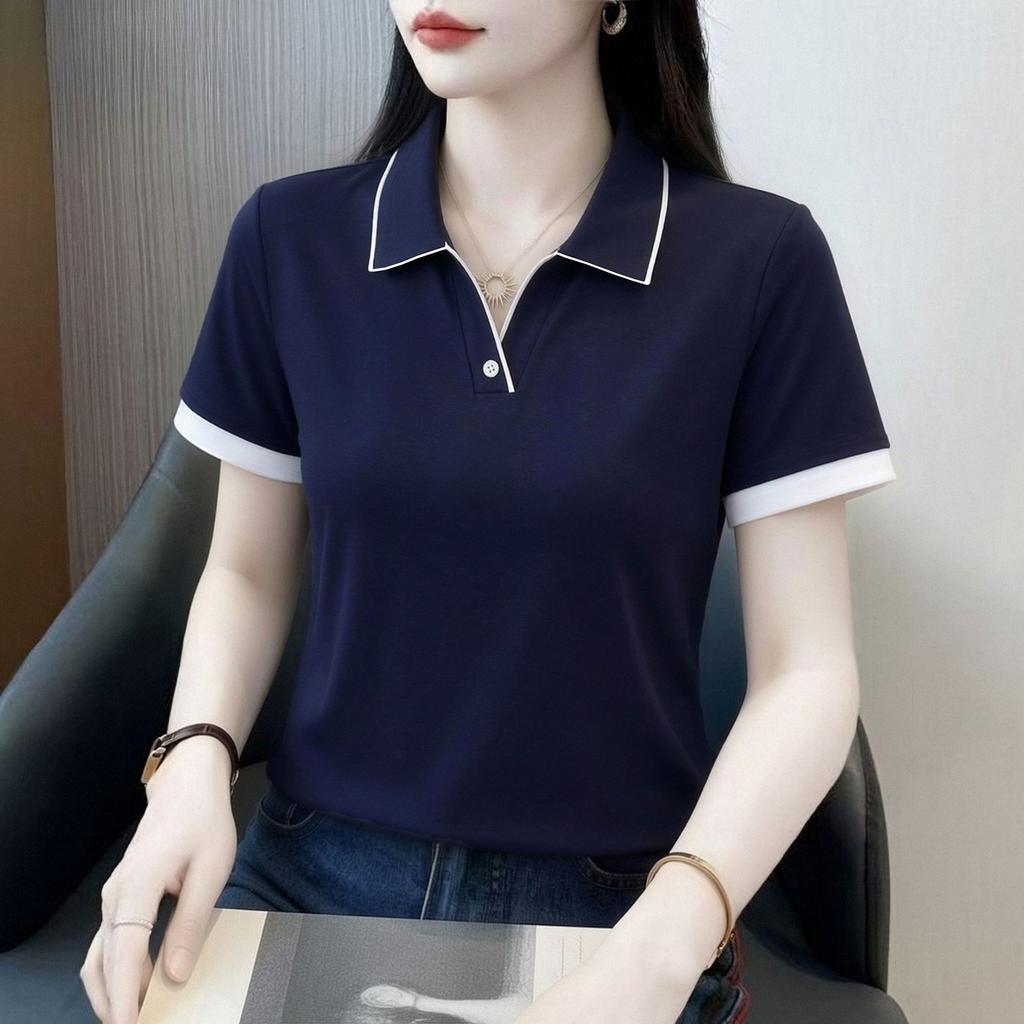 High quality contrasting color lapel short-sleeved T-shirt women's summer, new fashion polo shirt slimming top