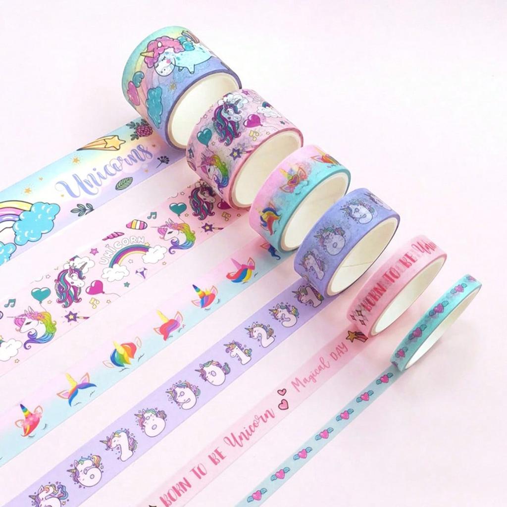6rolls-volume cute washi tape set, exquisite unicorn pattern cartoon tape, scrapbook planner decoration, DIY stationery