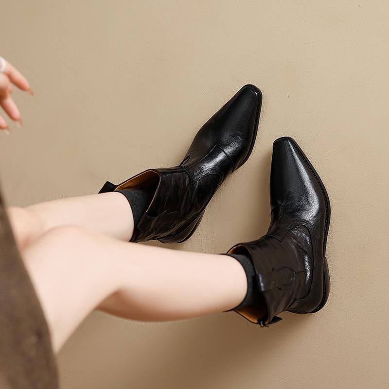 Fashion 2024 Autumn/Winter Women Boots Pointed Toe Med Heel Chelsea Boots Genuine Leather Shoes for Women Western Ankle Boots