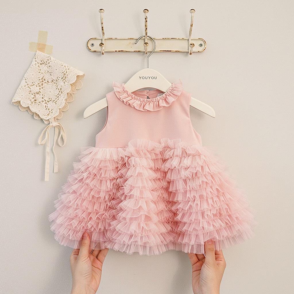 Baby Girl 1st Birthday Dress Solid Sleeveless Tiered Cake Skirt Fluffy Princess Party Gown Elegant Vest