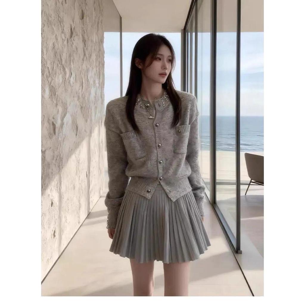 Korean Style Grey Knit Cardigan & Skirt Set with Rhinestones
