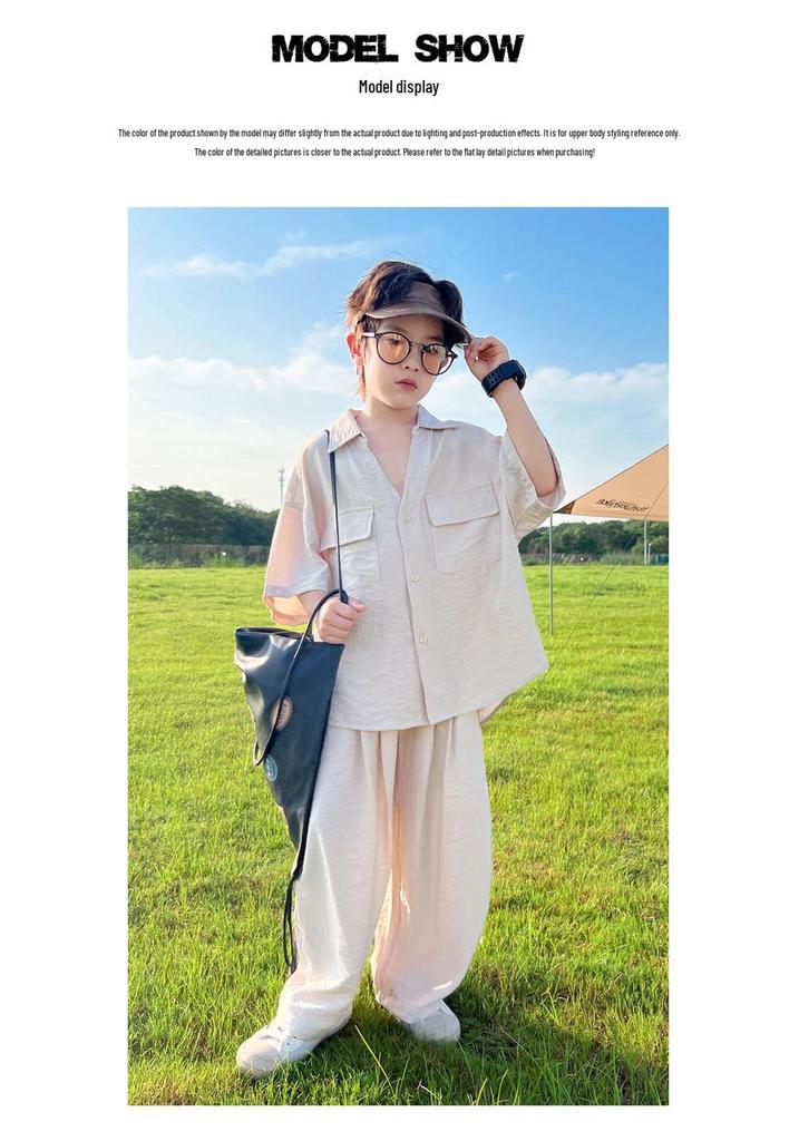 Boys' Summer 2026 Casual Korean Style Two-Piece Set – Short Sleeve & Long Pants