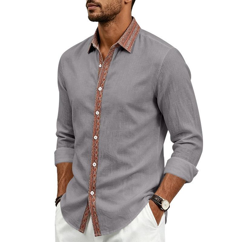 Men's Linen Long Sleeve Button Down Shirt Color Block Collar Vintage Casual Top.
