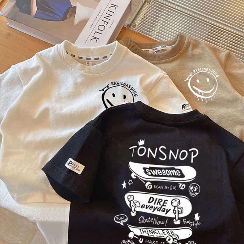 Kids' Summer 2024 Boys' Cotton T-Shirt: Trendy Loose-Fit Short Sleeve Top