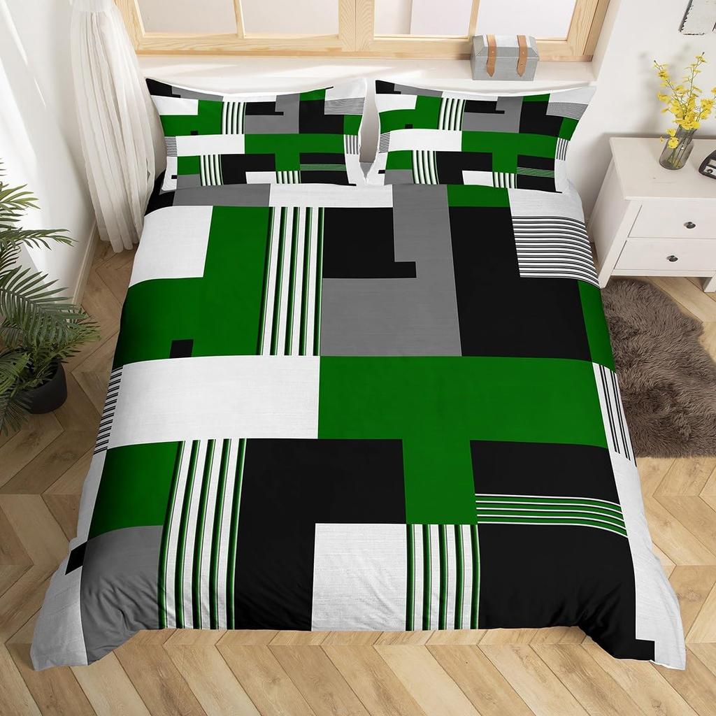 Feelyou Geometrisches Bettwäsche-Set Queen-Size Grün Schwarz Grau Bettbezug-Set für Jungen Mädchen Teenager Rechteck Quadrat Bettbezug Modern Abstrakt