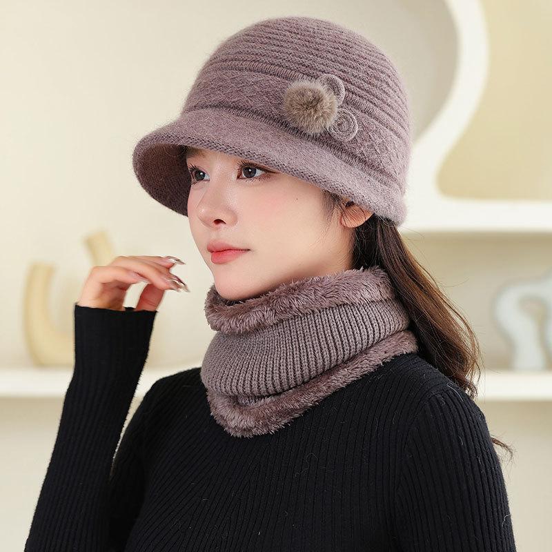 Fleece Warm Hat Ladies Mom Rabbit Plush Fashion Knitted Scarf Basin Hat Winter Grandma Windproof Hat