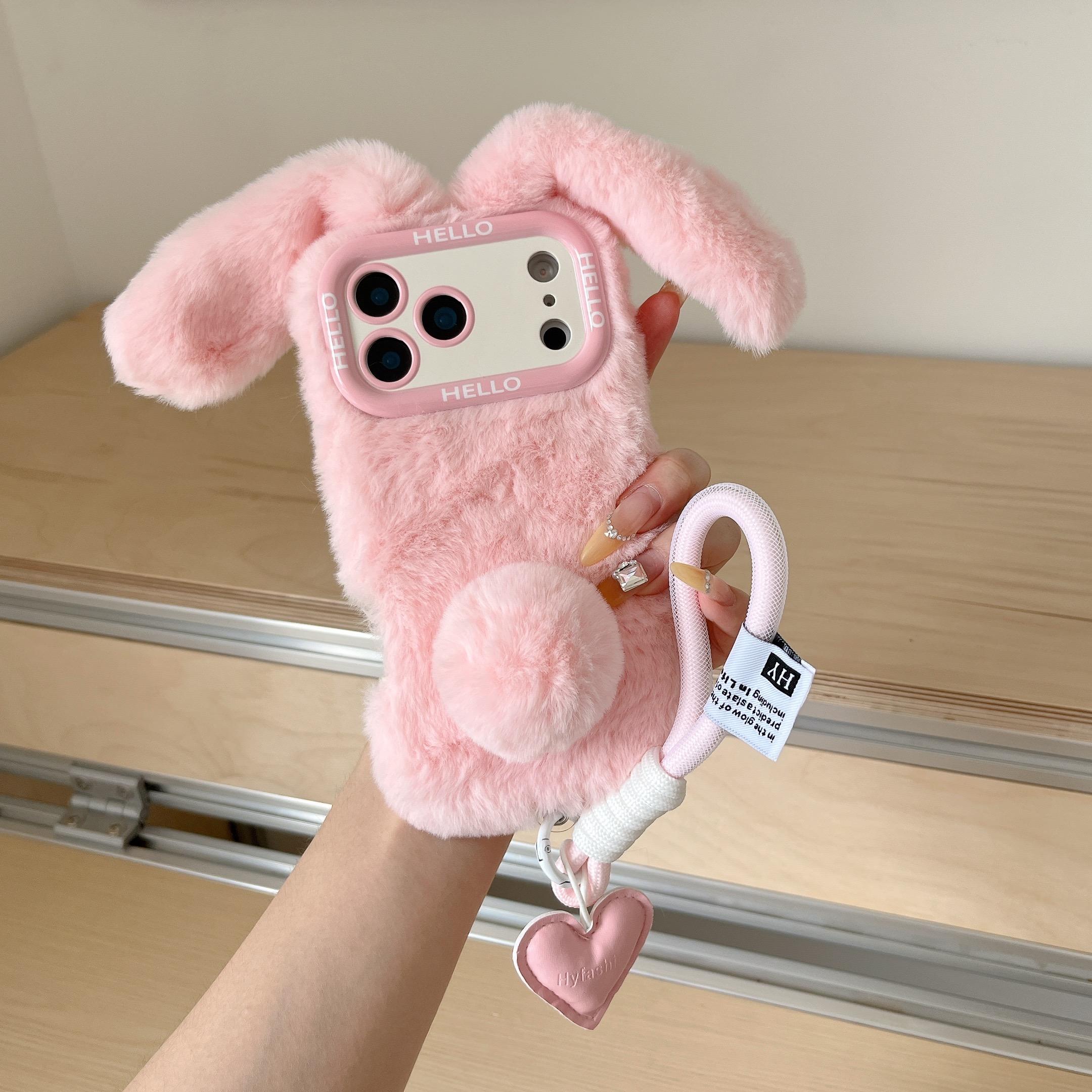 

3D Cute Rabbit Ears Warm Furry Plush Bunny Phone Case With Lanyard For iphone 17 pro max 15/14/16Plus 13/12/11 Pro max 16 Cover iPhone 11 розовый