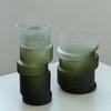 Vase en Verre Géométrique Désaligné Dégradé Mat Vert Joint de Bambou Vase en Verre Hydroponie Terrarium Accessoires de Décoration pour la Maison